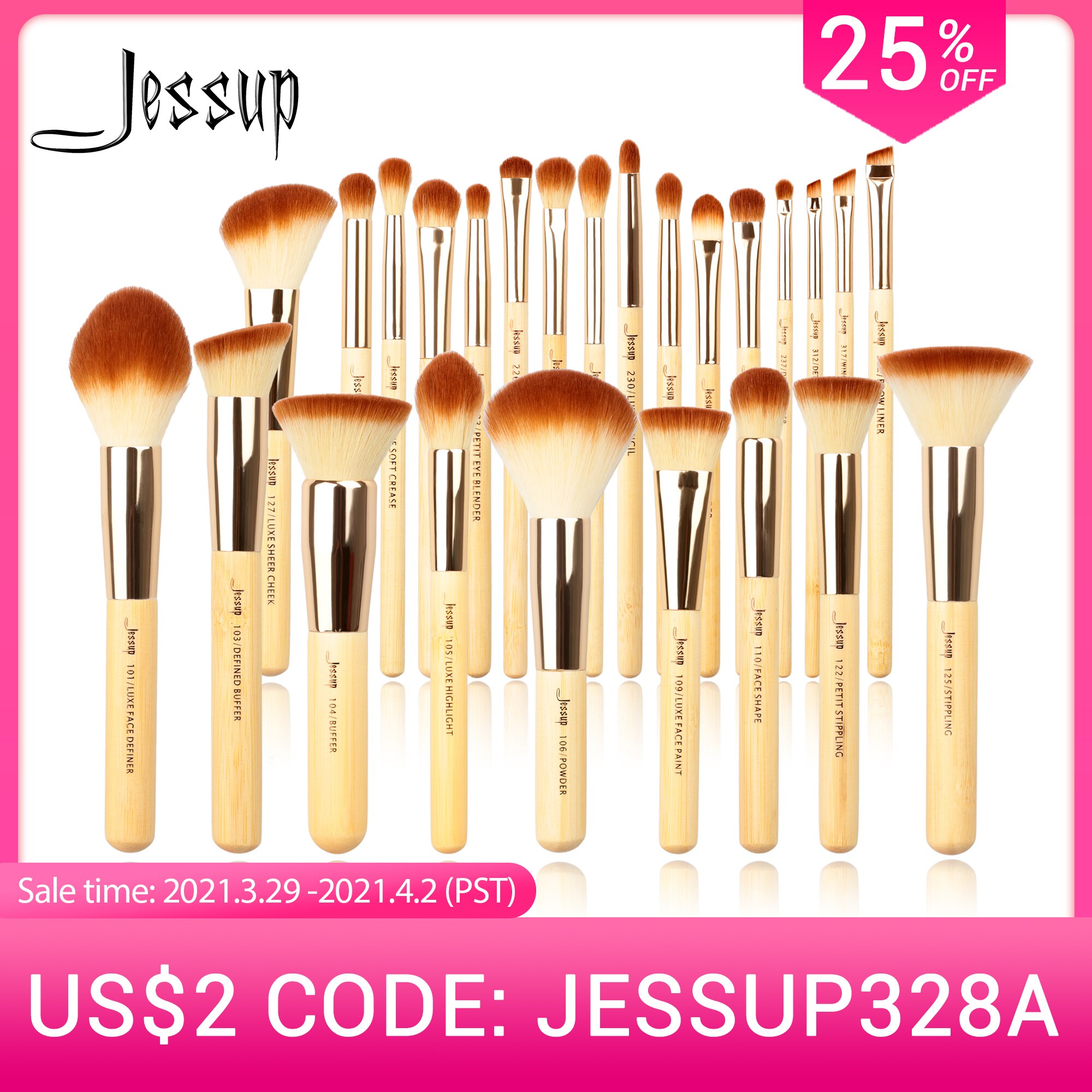 Jessup Pinceaux de maquillage professionnels en bambou Beauté Pinceaux de maquillage Poudre de fond de teint Fards à joues Ombre à paupières Outils Cosmétiques  25pcs